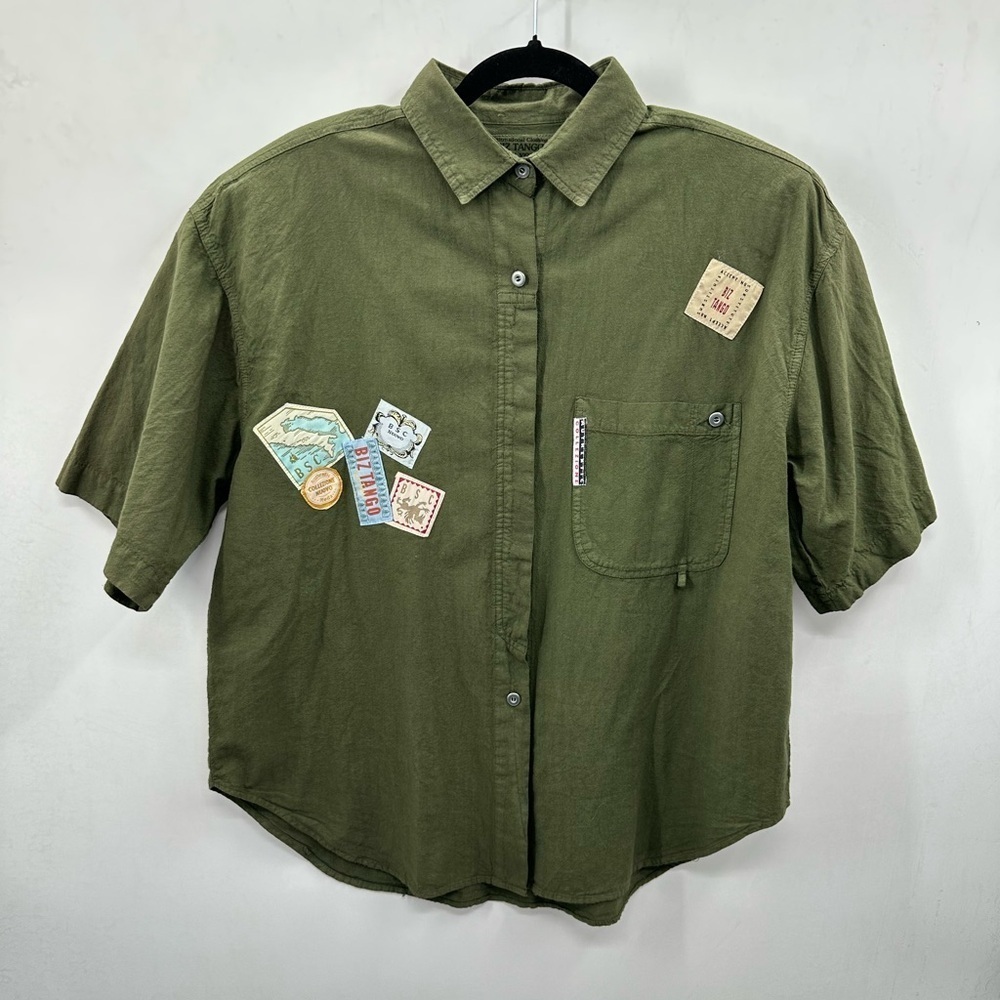 Y2K VINTAGE L patch army green bohemian grunge woman short sleeve Military top